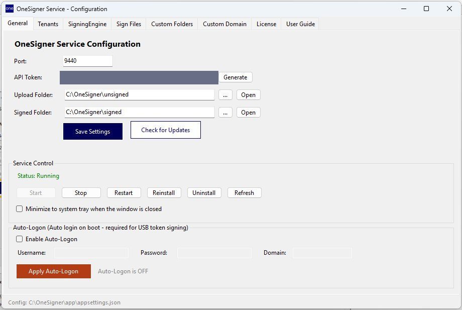General tab of OneSigner showing port, API token and folder settings