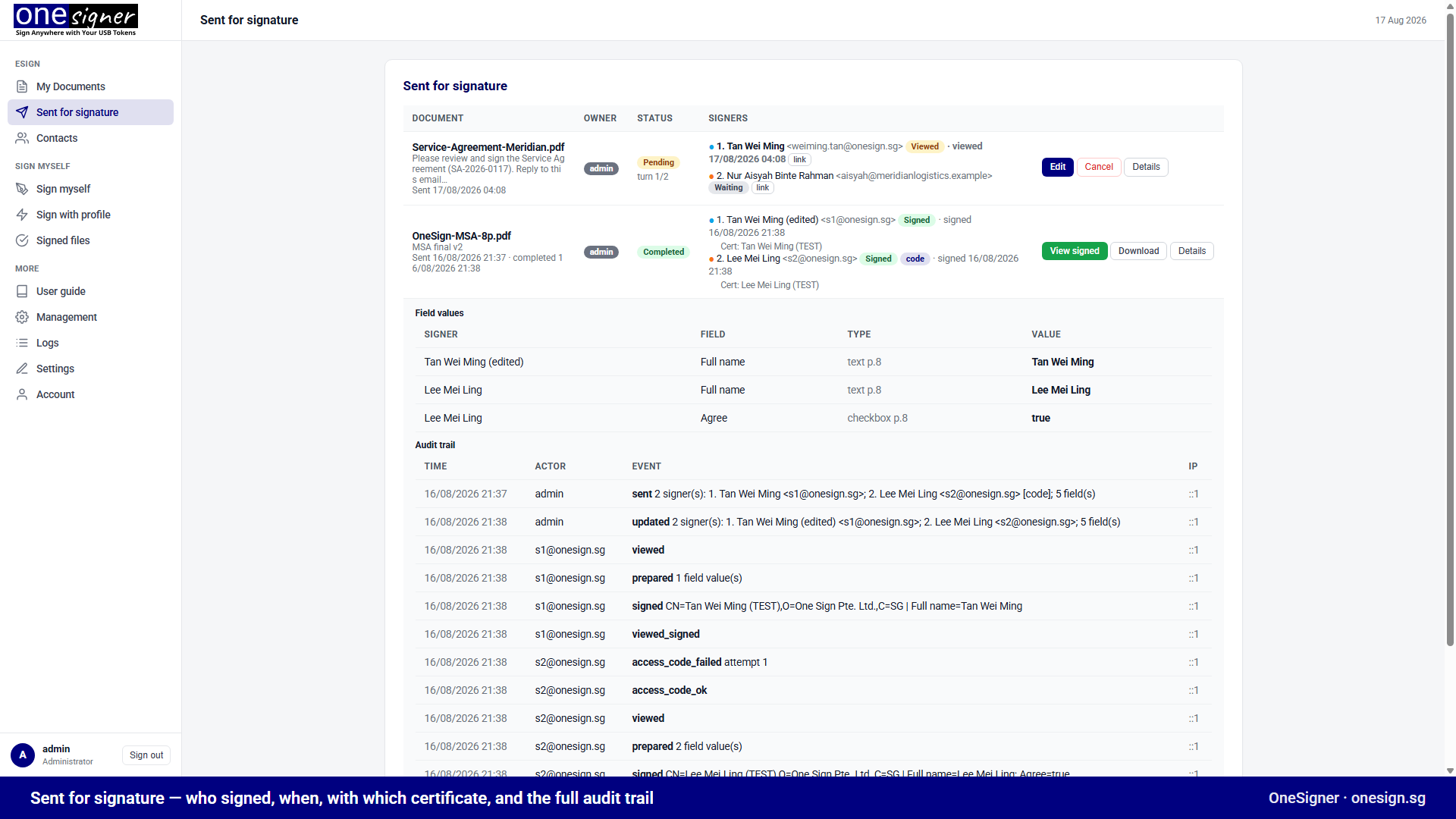 Sent for signature — statuses per signer, field values, and the full audit trail with timestamps and IPs