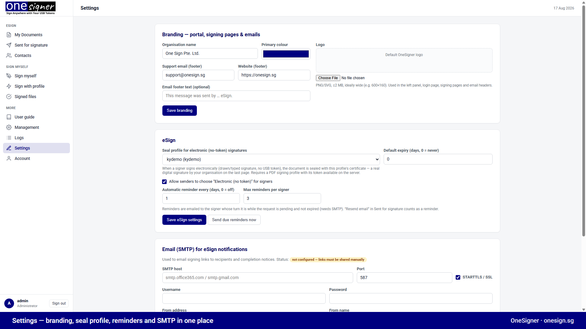 Settings — branding (logo, colours, footer), eSign seal profile and reminders, SMTP configuration