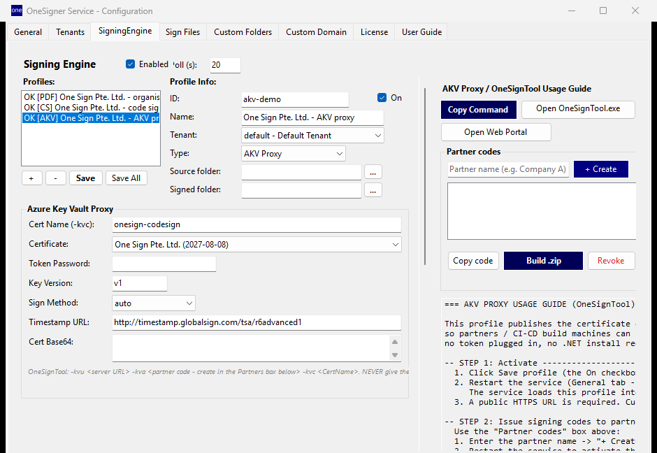 Key-Vault-compatible proxy configuration in the OneSigner GUI
