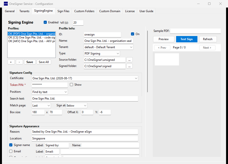 PDF signing profile: certificate, appearance, position, timestamp